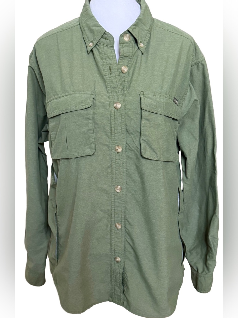 ExOfficio Women’s Large or XL Green Solid Nylon Fishing Button-Up Shirt Pockets
